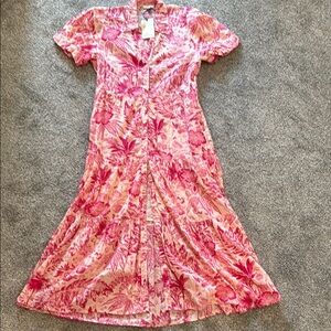 Elan Pink and White Puff Sleeve Midi Sundress